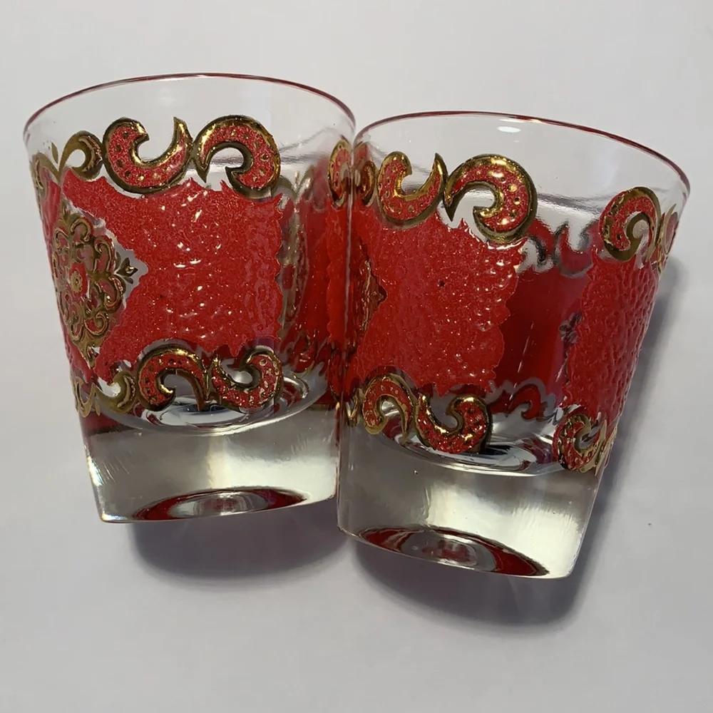 VTG Starlyte Barware Shot Glasses Signed Red and Gold Textured Design Set Of Six